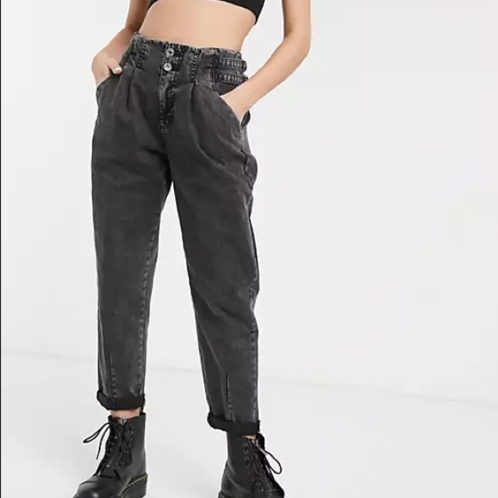 Bershka buckle detail slouchy pants in black